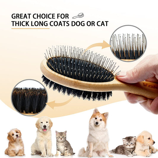 Double Sided Dog and Cat Brush - Bristle and Pin for Grooming, Real Boar Bristle with Bamboo Handle for Long Short Hair, 4 Pack Comb, Black+Yellow