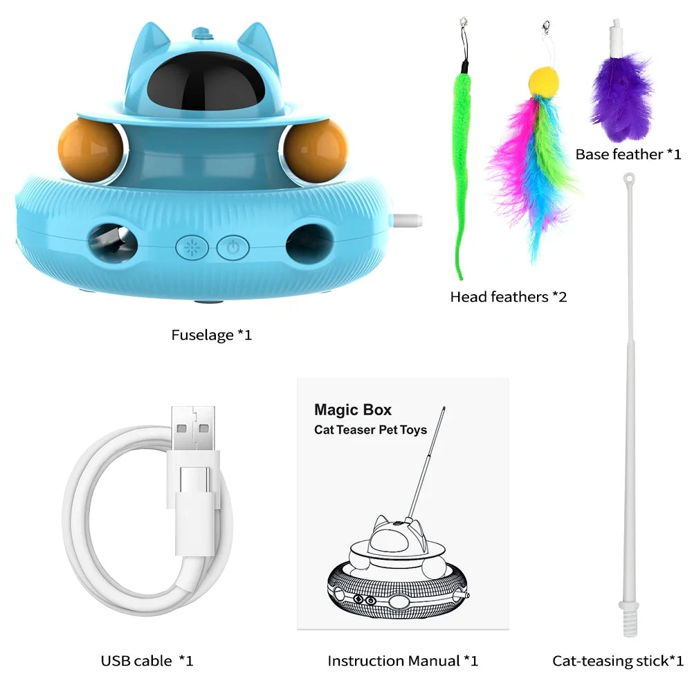 4 in 1 Indoor Interactive Cat Toy with Laser & Retractable Feather Wand, USB Rechargeable, Blue