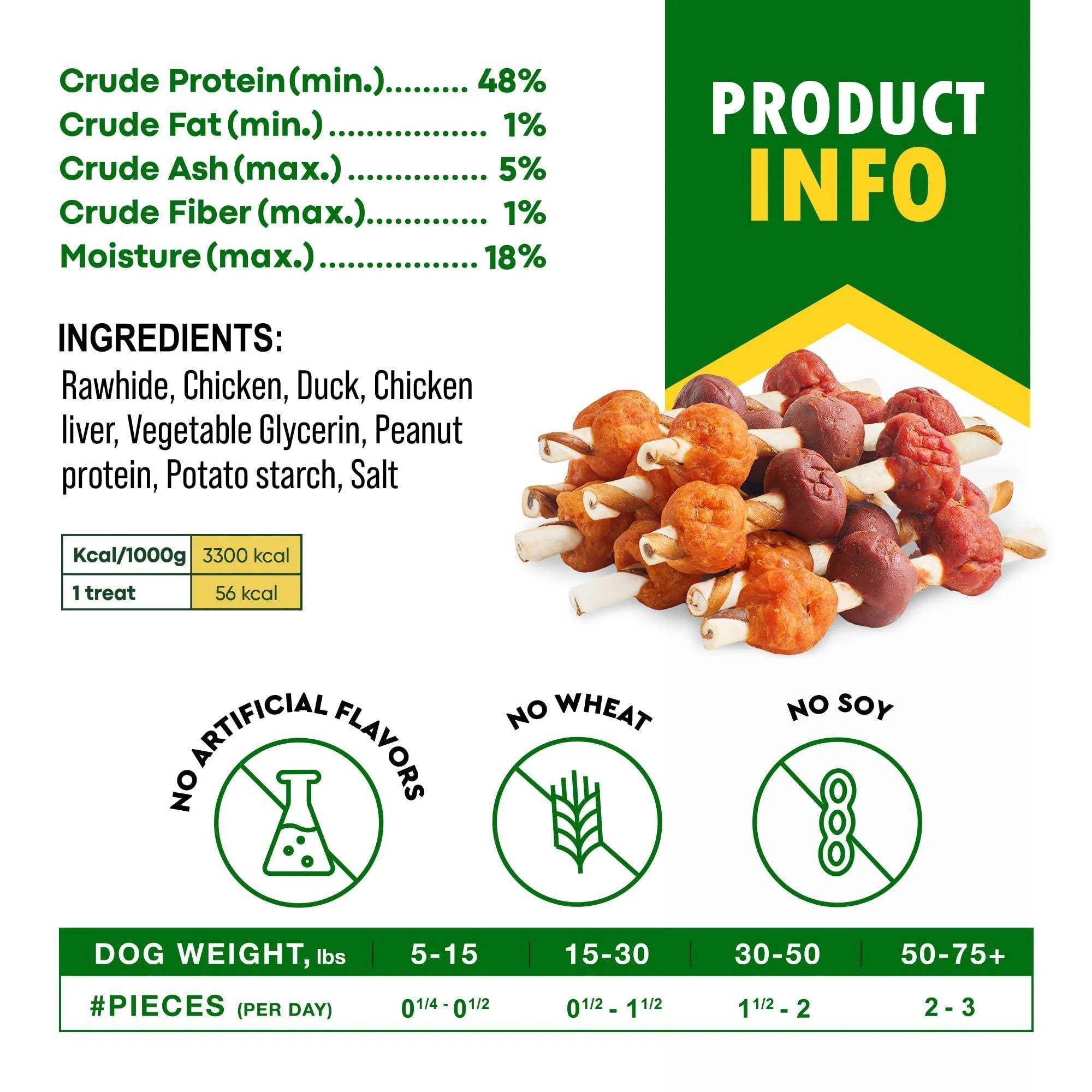 Dog Rawhide Treats with Duck and Chicken Human Grade Meat All Natural 10.6 Oz