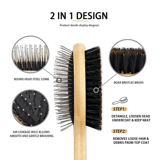 Double Sided Dog and Cat Brush - Bristle and Pin for Grooming, Real Boar Bristle with Bamboo Handle for Long Short Hair, 4 Pack Comb, Black+Yellow