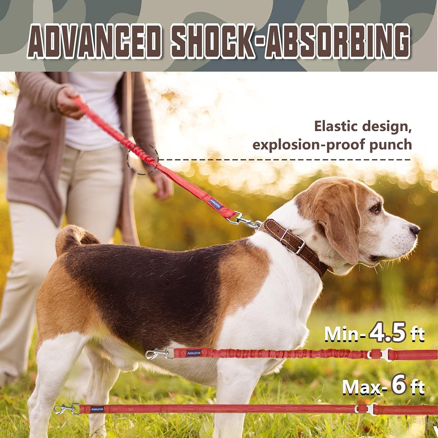 Heavy Duty Bungee Dog Leash for Large Breeds - 6FT with 2 Padded Handles, Shock Absorption, No Pull Training, Red