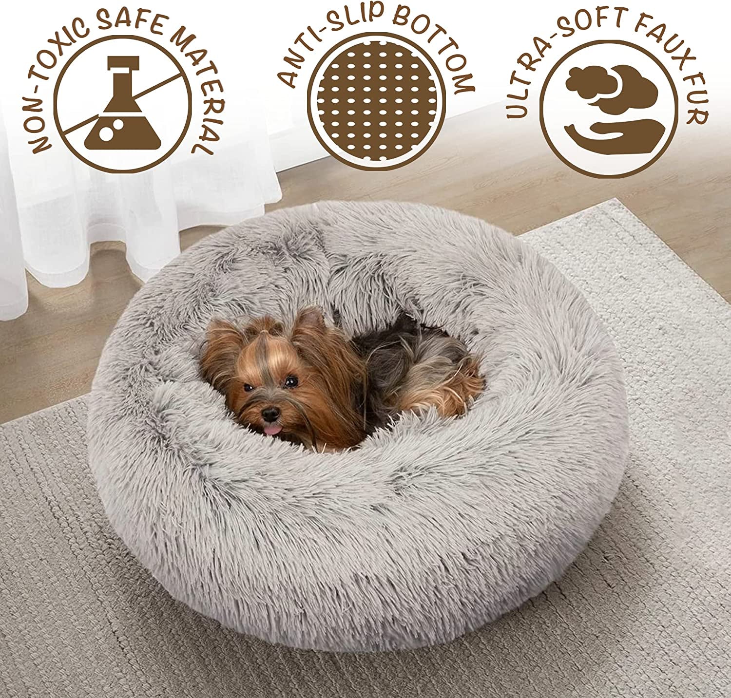 Donut Dog Bed Faux Fur Fluffy Calming Sofa for Small Dogs, Soft & Plush anti Anxiety Pet Couch for Dogs, Machine Washable Coco Pet Bed with Non-Slip Bottom, 23
