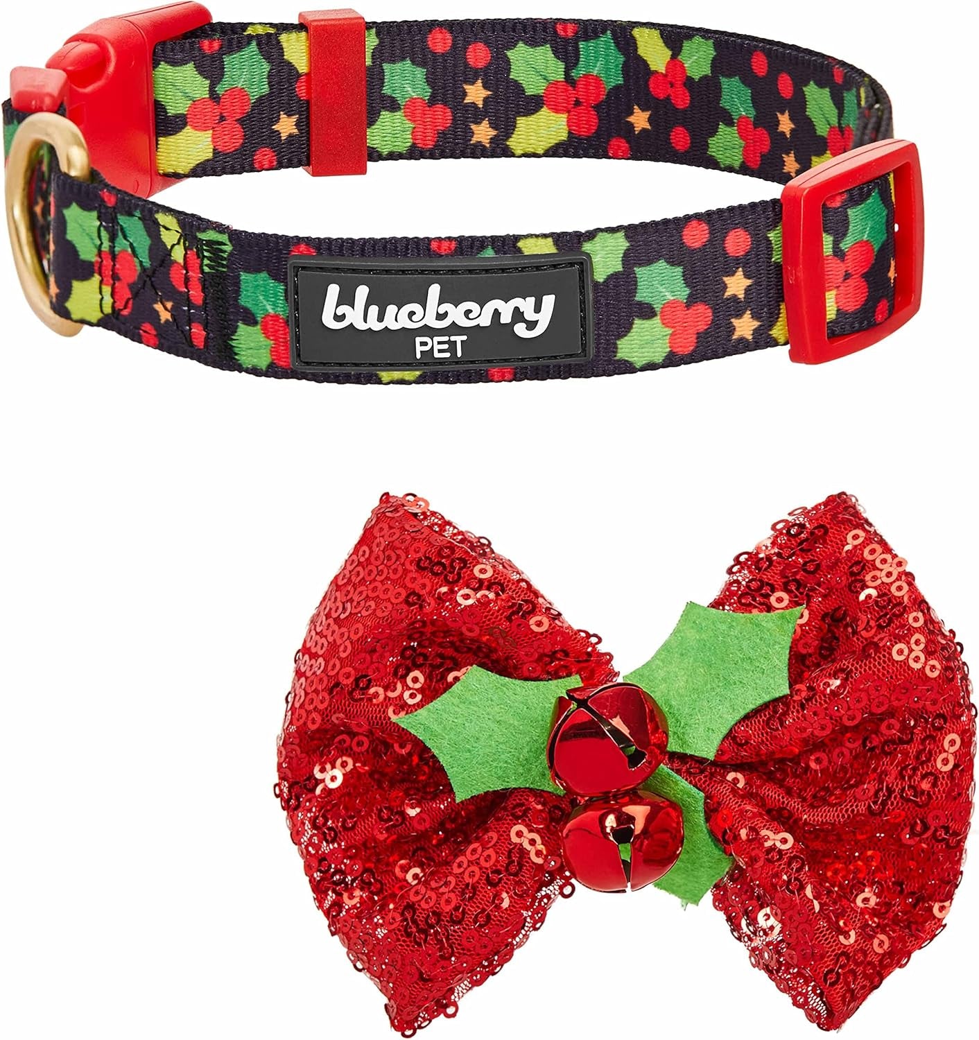 Christmas Holly Adjustable Dog Collar with Bowtie - Dog Collars for Small Dogs, Holiday Dog Collars, Christmas Collar for Dogs - Small Dog Collars for Female Dogs, 12-16