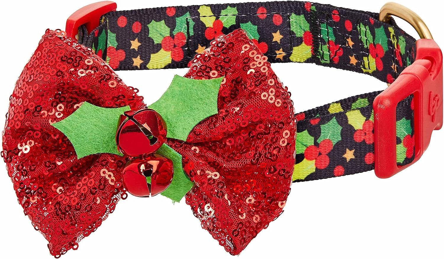 Christmas Holly Adjustable Dog Collar with Bowtie - Dog Collars for Small Dogs, Holiday Dog Collars, Christmas Collar for Dogs - Small Dog Collars for Female Dogs, 12-16