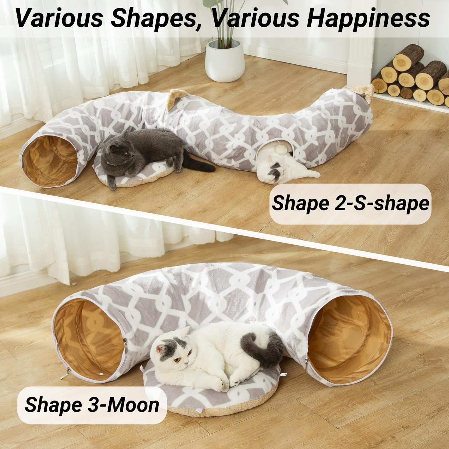 Large Cat Tunnel Bed under Christmas Tree with Fluffy Toy Balls, Small Cushion and Flexible Design- 10 Inch Diameter, 3 Ft Length- Great for Cats, and Small Dogs, Gray Geometric Figure
