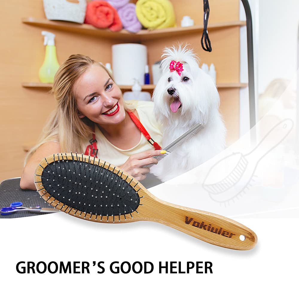 Double Sided Dog and Cat Brush - Bristle and Pin for Grooming, Real Boar Bristle with Bamboo Handle for Long Short Hair, 4 Pack Comb, Black+Yellow