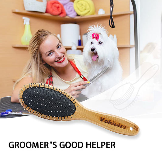 Double Sided Dog and Cat Brush - Bristle and Pin for Grooming, Real Boar Bristle with Bamboo Handle for Long Short Hair, 4 Pack Comb, Black+Yellow